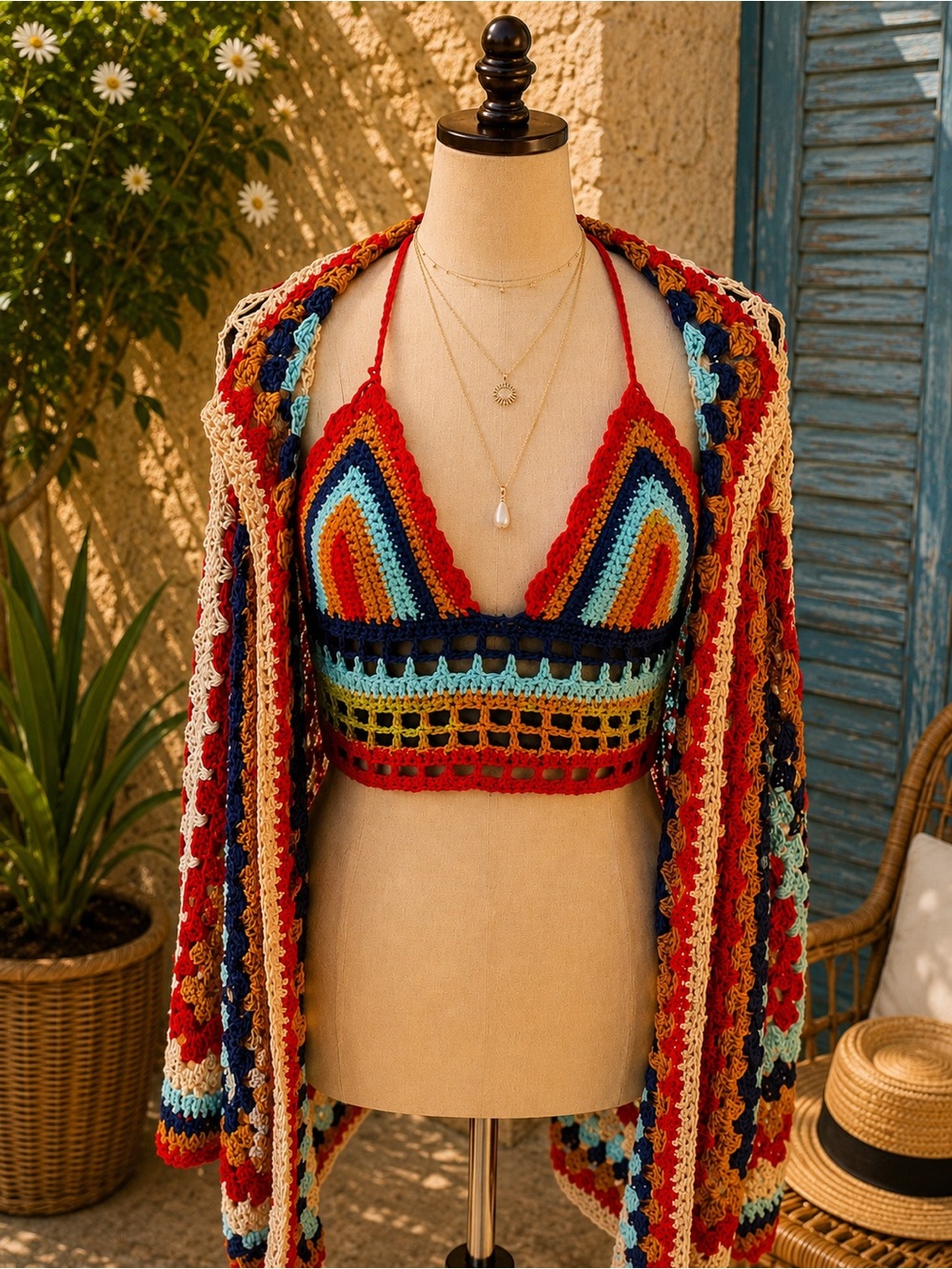 Handmade Multicolor Crochet Bralette Camisole - Red Accent